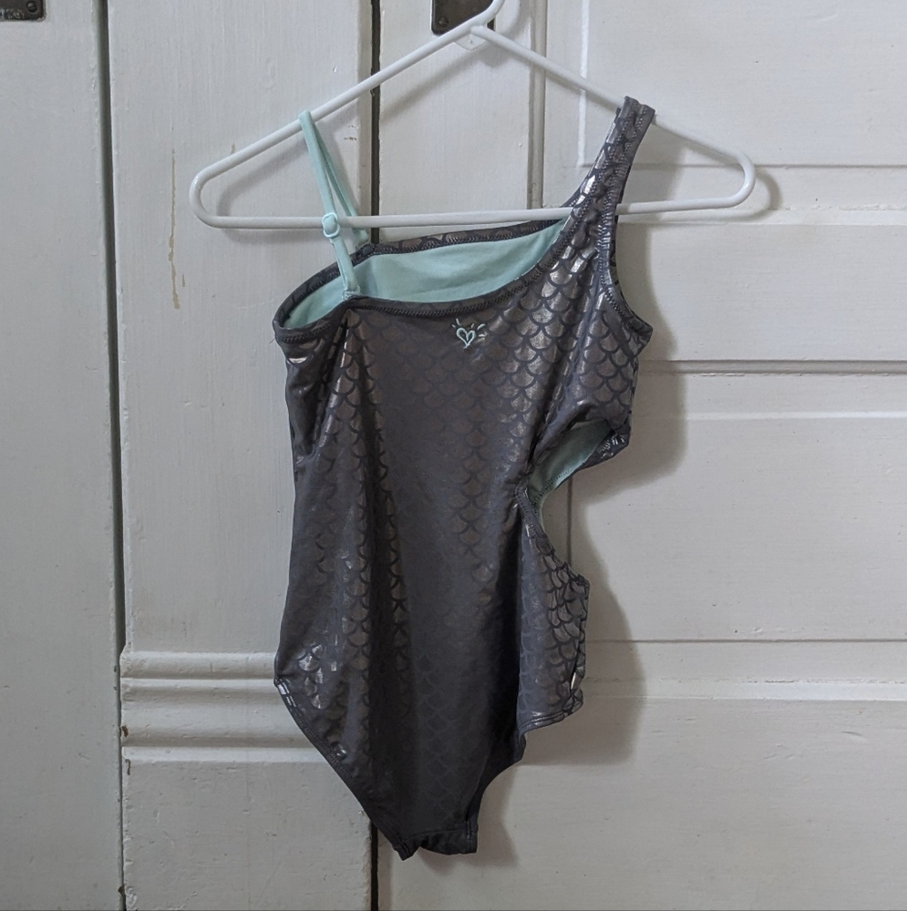 Justice one piece bathing swimming suit silver turquoise fish scale print 12